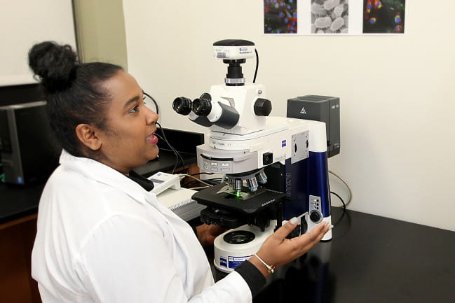A James B. Edwards College of Dental Medicine student with a microscope.