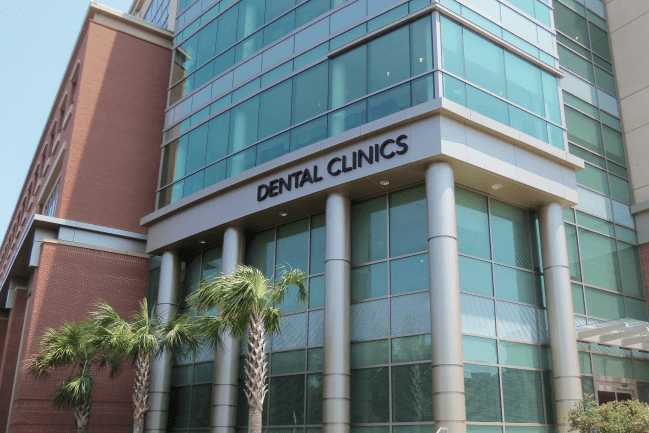 An exterior shot of the Dental Clinics Building on a sunny day. The building stands six floors tall and the sidewalk is lined with palmetto trees.