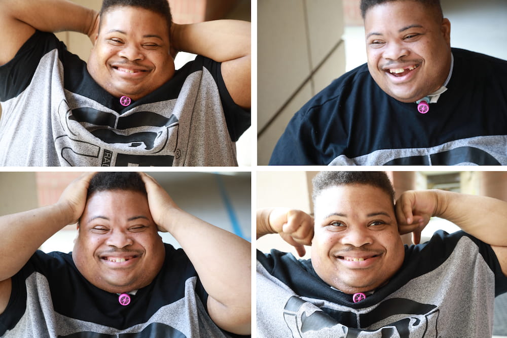 Photo collage featuring four shots of the same man in a variety of close up poses